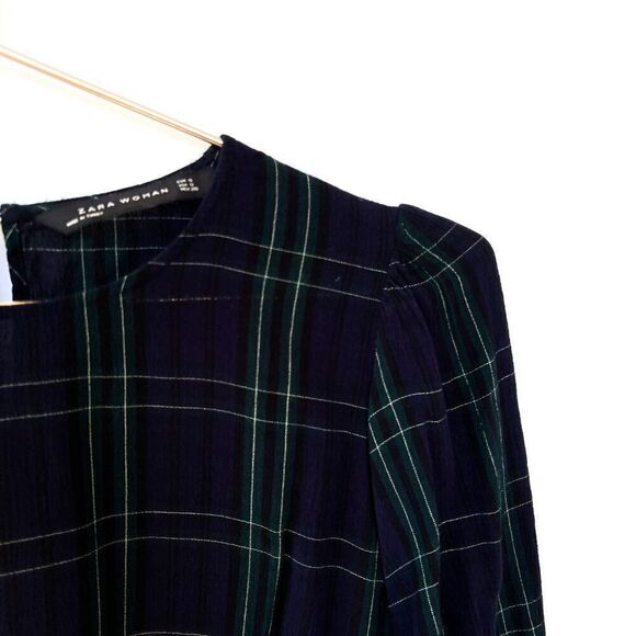 Zara Navy Blue Green Plaid Long Sleeve Top Small - Picture 2 of 8